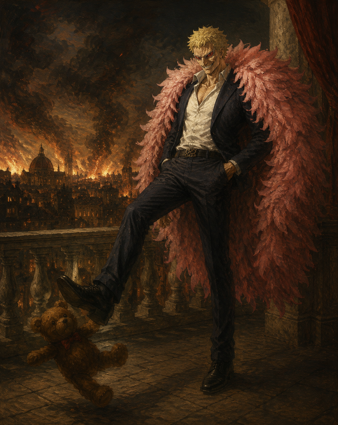 Kicking a discarded teddy bear aside On a balcony overlooking a burning cityscape (renaissance oil painting style with heavy textures)