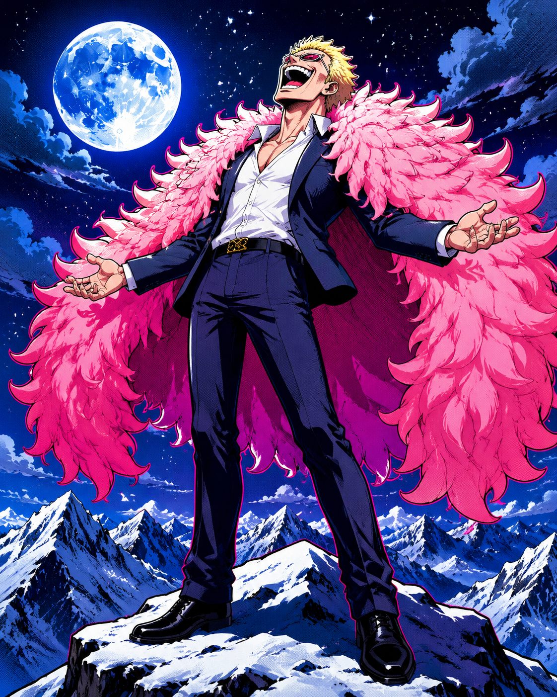 Laughing maniacally with his head tilted back On a snowy mountain peak at midnight (vibrant pop art with bold outlines)