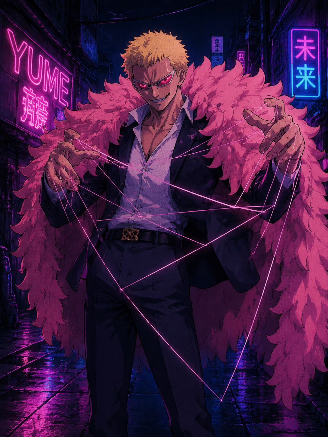 Manipulating invisible strings between his fingers In a neon-lit futuristic alleyway (90s retro cel-shaded animation style)