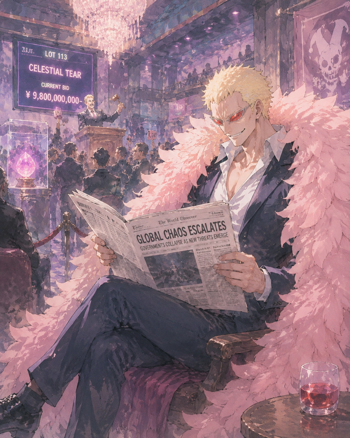 Reading a newspaper about global chaos At a high-stakes underground black-market auction (soft watercolor anime with pastel hues)
