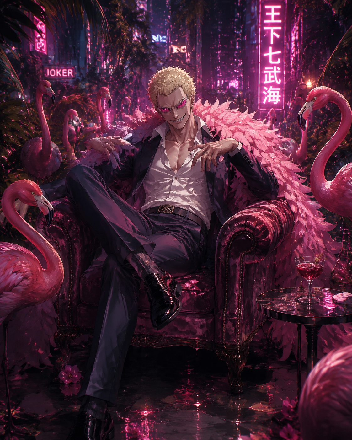 Reclining on a plush velvet lounge chair In a serene garden surrounded by flamingos (gritty cyberpunk aesthetic with neon glows)