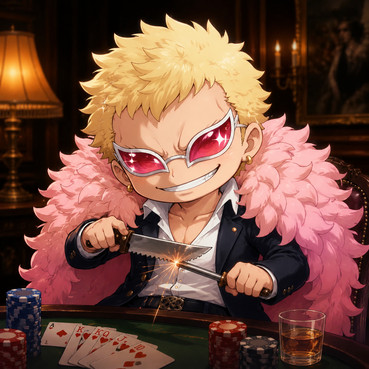 Sharpening a serrated hunting knife At a dimly lit mahogany poker table (chibi cute style with sparkling eyes)