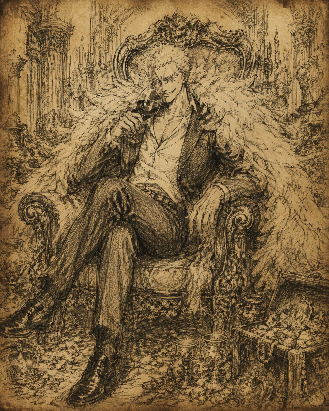 Sipping an expensive glass of red wine In a golden throne room filled with treasure (rough charcoal sketch on aged parchment)