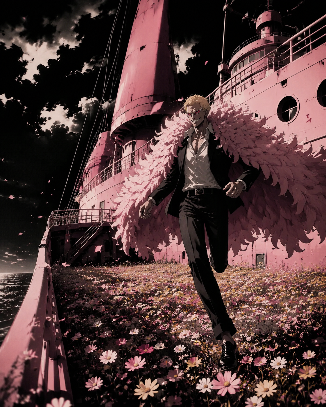 Skipping playfully through a wildflower meadow On the deck of a massive pink ship (cinematic noir with high-contrast shadows)