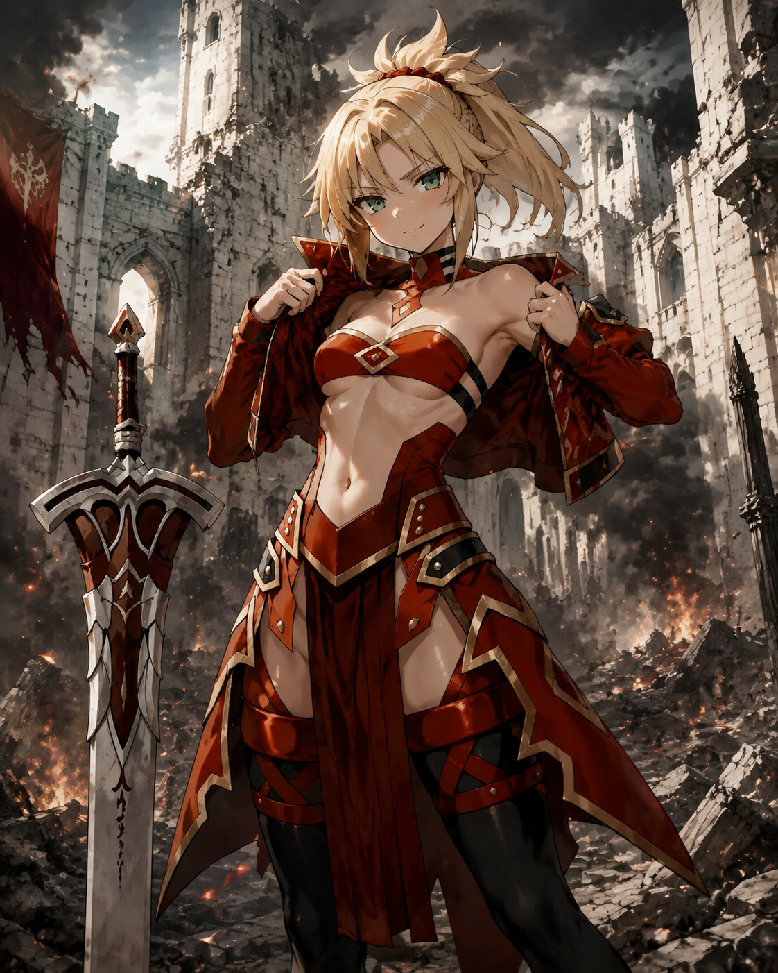 Adjusting her red leather jacket with a smirk In the crumbling ruins of a massive white marble castle (gritty cinematic concept art with embers and smoke)