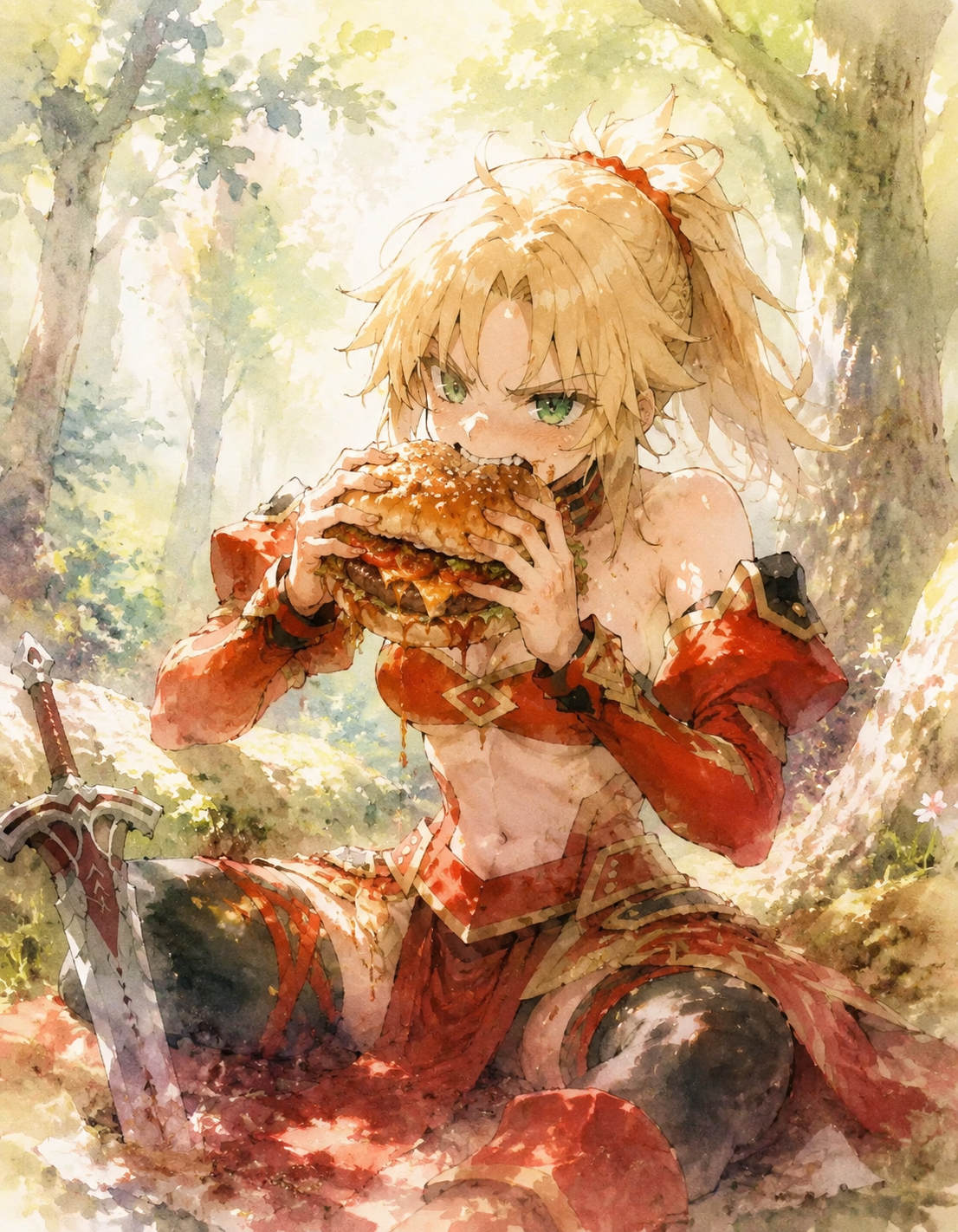 Devouring a messy hamburger with aggressive delight In a quiet forest clearing under soft dappled sunlight (ethereal watercolor with soft glowing edges)