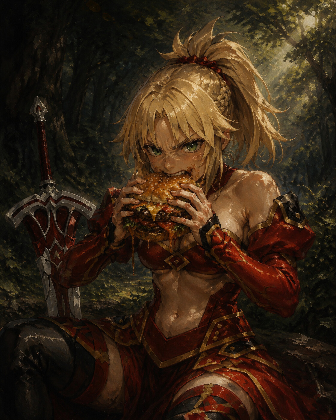 Devouring a messy hamburger with aggressive delight in a quiet forest clearing under soft dappled sunlight (gothic oil painting with dramatic chiaroscuro shadows)