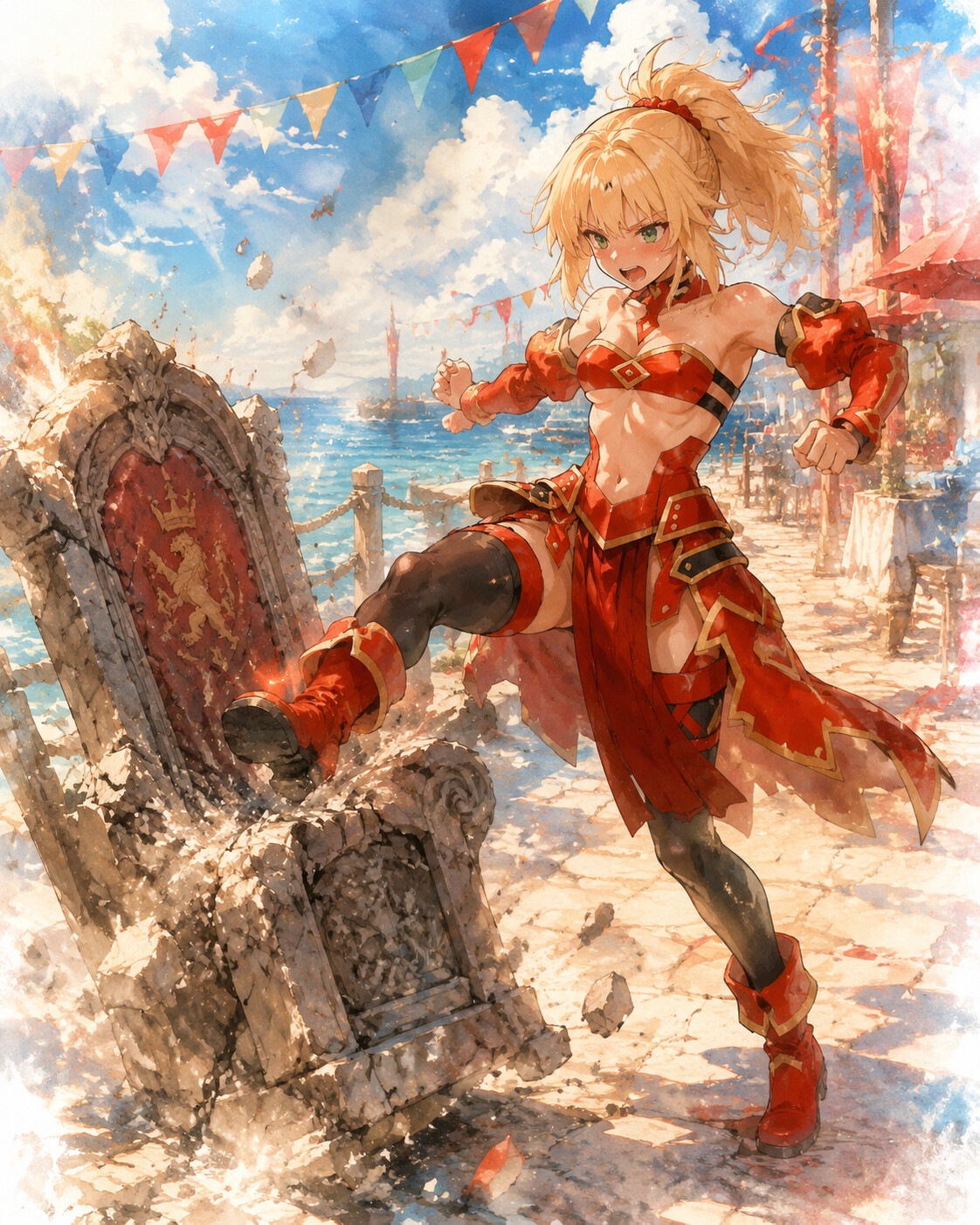 Kicking over a stone throne in a fit of rage at a sun-drenched seaside pier during a summer festival (ethereal watercolor with soft glowing edges)