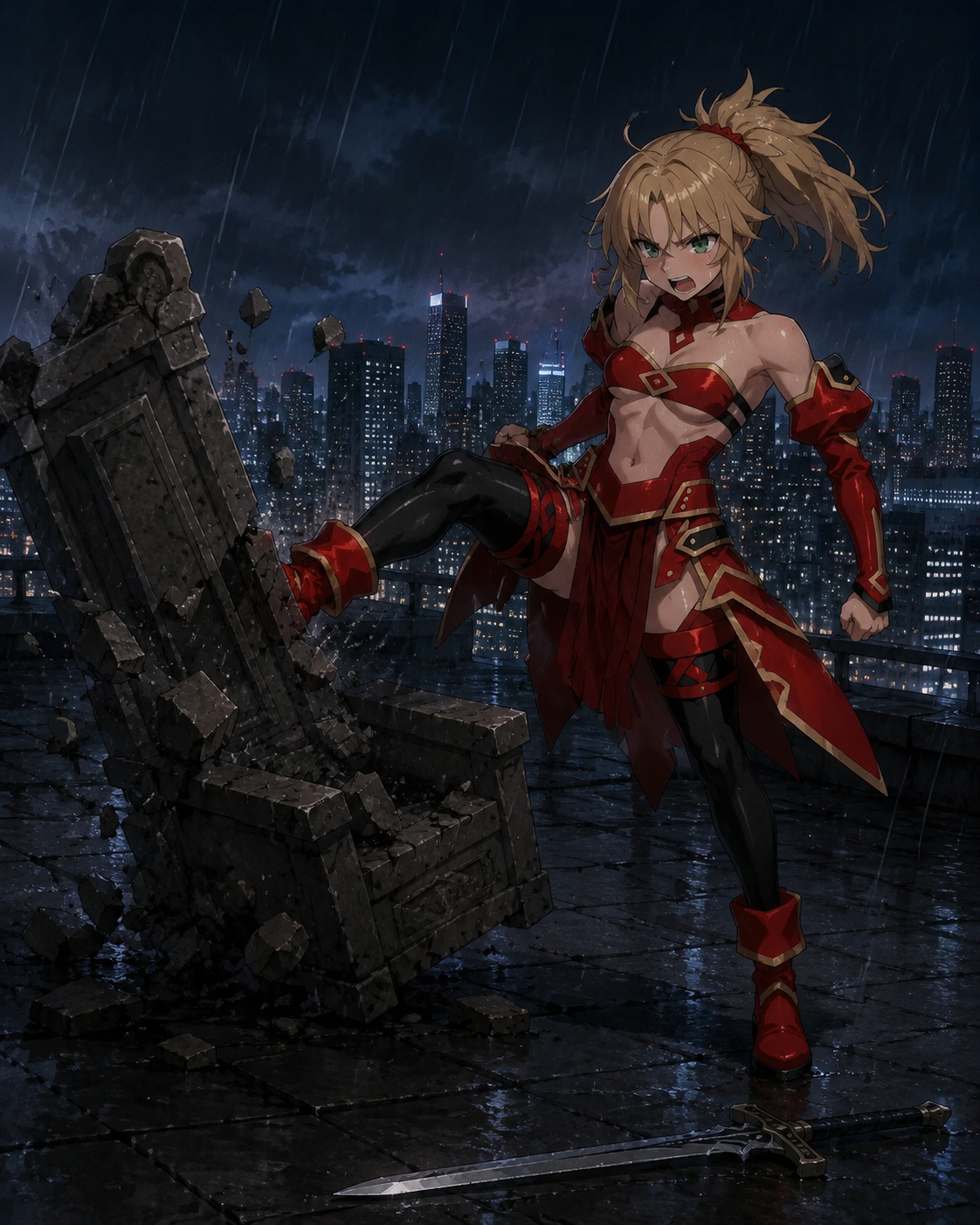Kicking over a stone throne in a fit of rage On a rainy rooftop overlooking a sprawling modern cityscape (retro 90s anime aesthetic with soft film grain)
