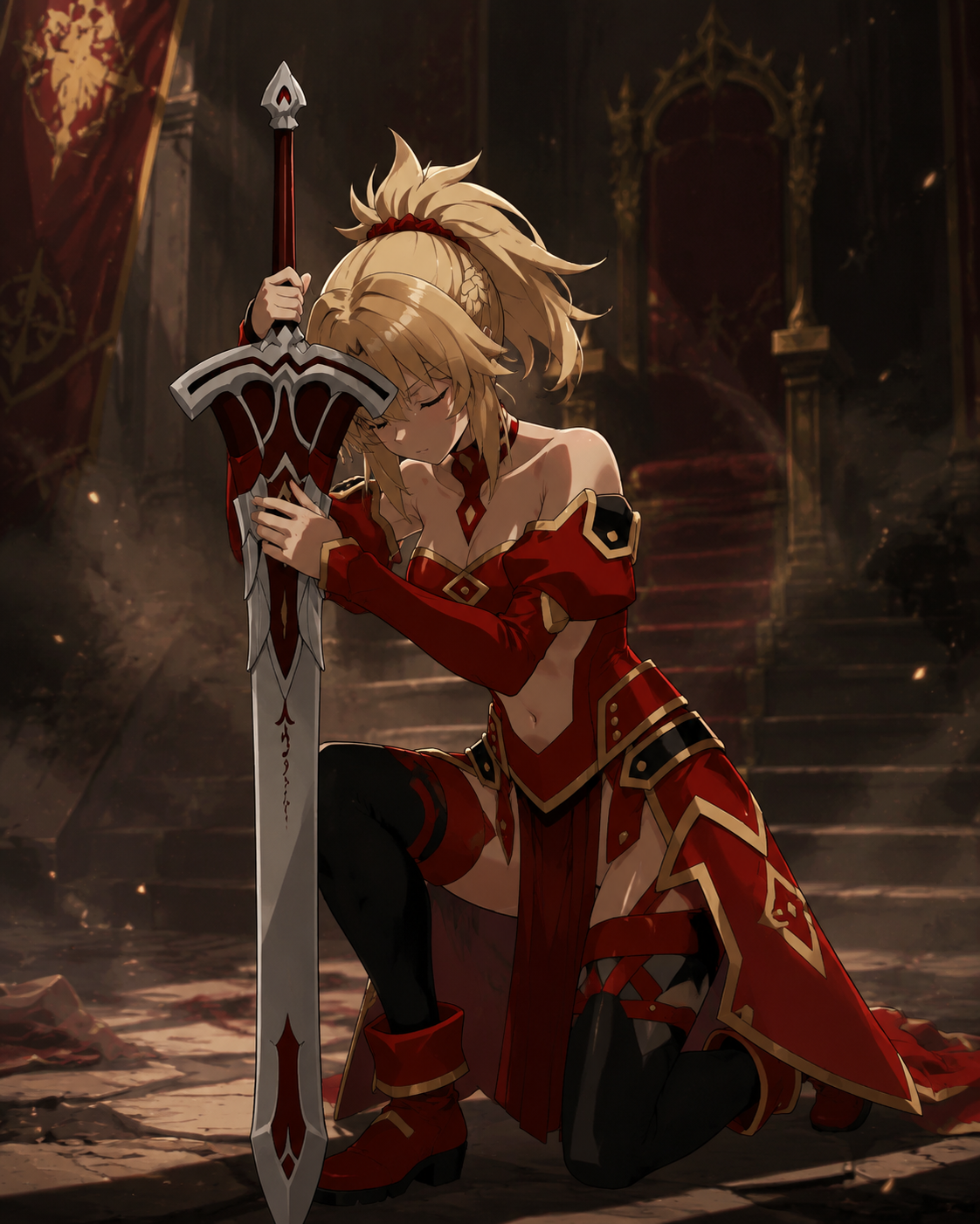 Kneeling while resting her forehead against her sword In a dimly lit throne room filled with swirling dust (clean cel-shaded line art with bold colors)