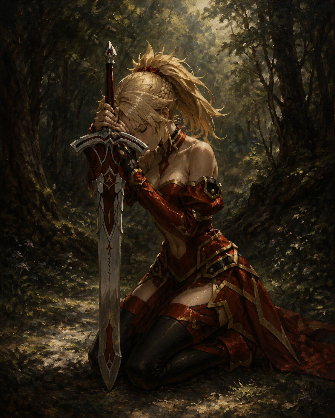 Kneeling while resting her forehead against her sword in a quiet forest clearing under soft dappled sunlight (gothic oil painting with dramatic chiaroscuro shadows)