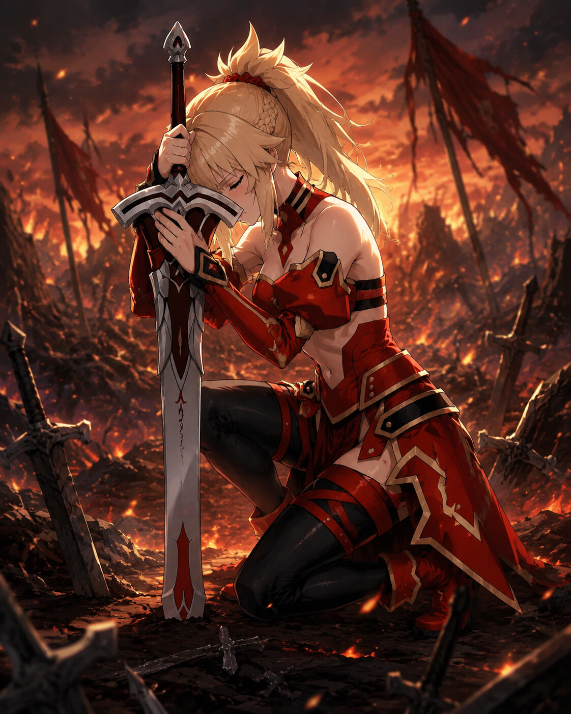 Kneeling while resting her forehead against her sword on a smoldering battlefield littered with broken steel blades (vibrant anime style with high contrast lighting)