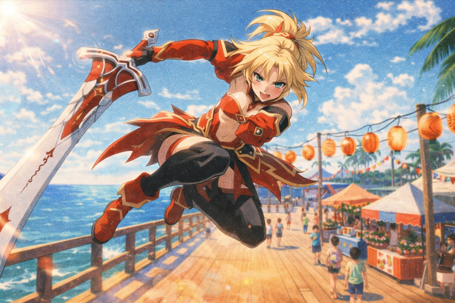 Leaping through the air for a mid-strike attack at a sun-drenched seaside pier during a summer festival (retro 90s anime aesthetic with soft film grain)