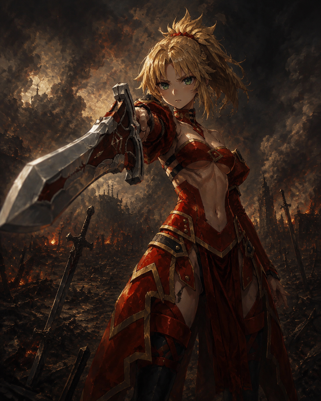 Pointing her blade defiantly toward the viewer On a smoldering battlefield littered with broken steel blades (gothic oil painting with dramatic chiaroscuro shadows)