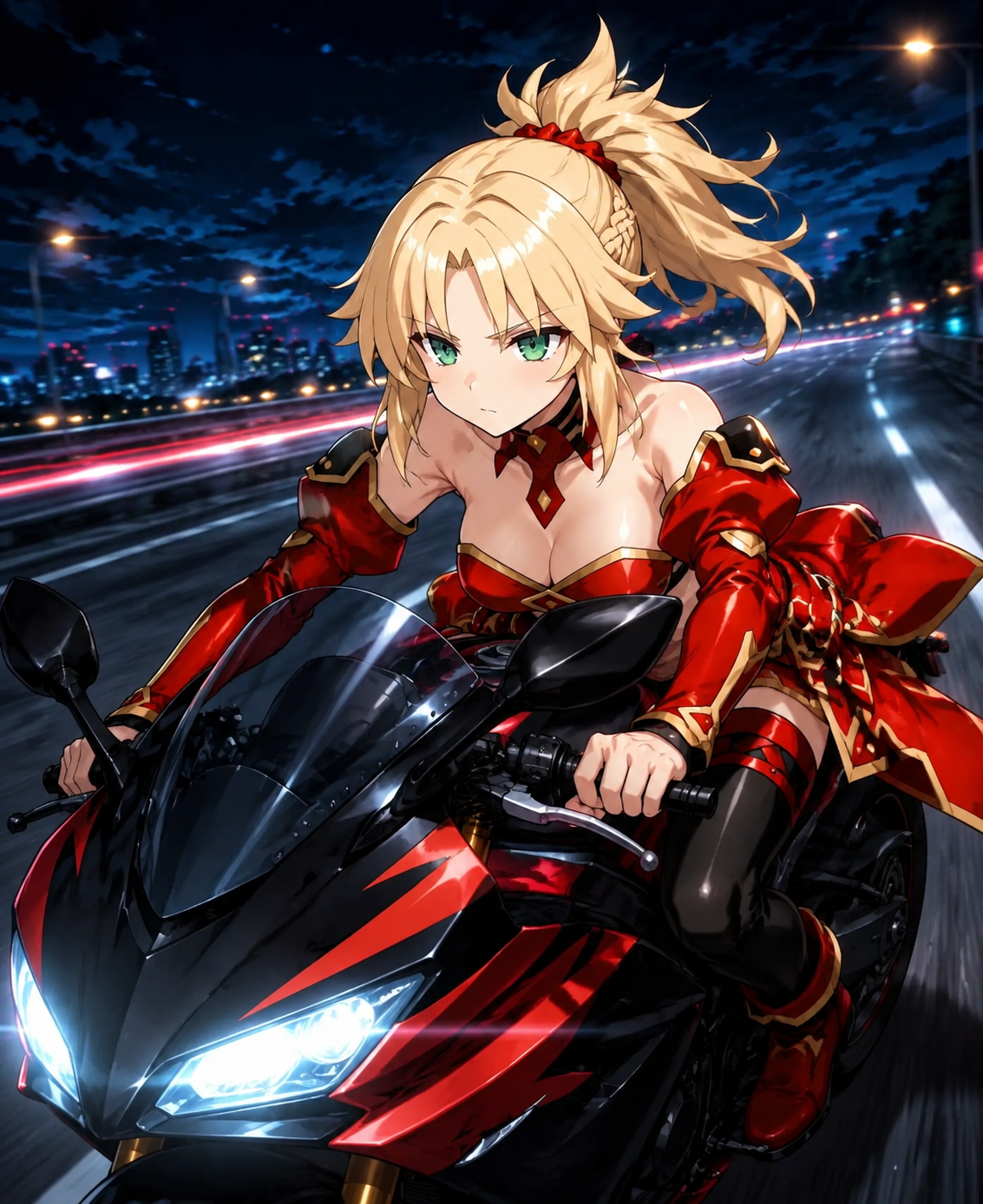 Staring at the distant horizon with a quiet scowl On a fast-moving motorcycle racing down a dark highway (vibrant anime style with high contrast lighting)
