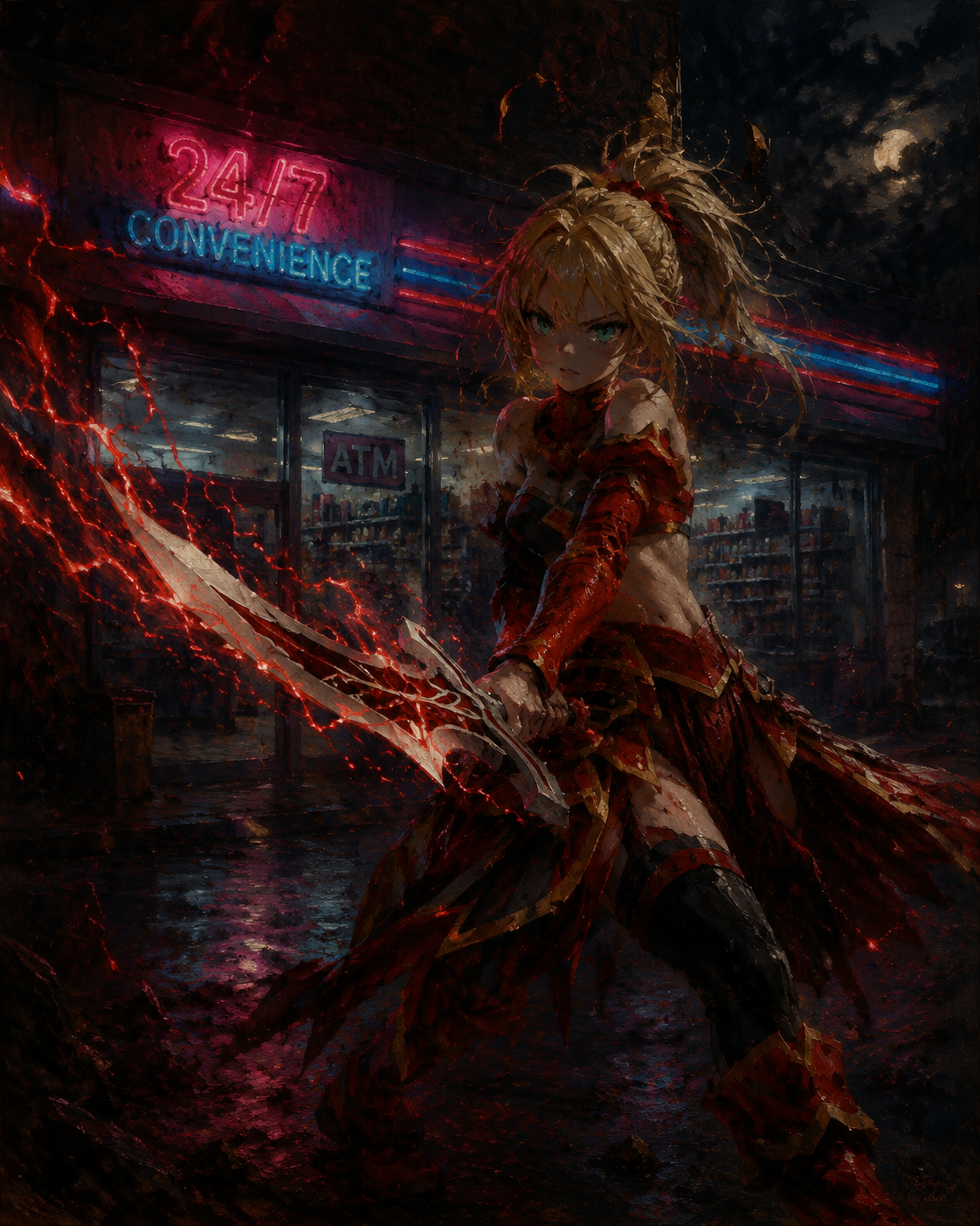 Swinging the sword clarent with red lightning sparks At a neon-lit convenience store in the dead of night (gothic oil painting with dramatic chiaroscuro shadows)