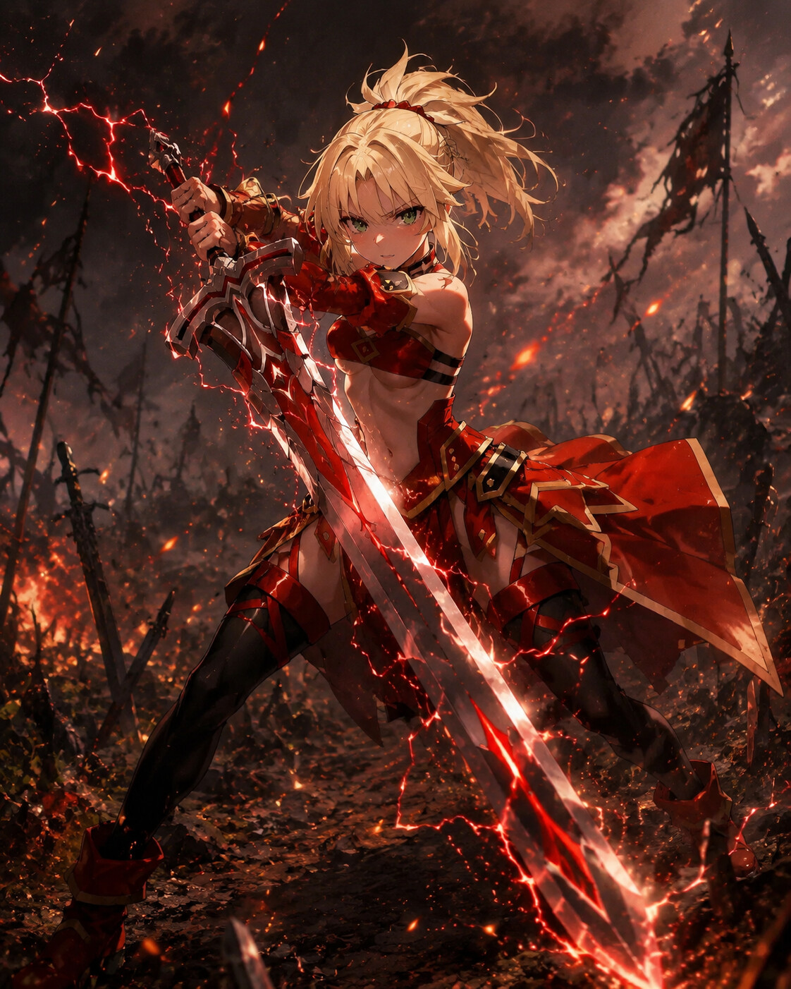 Swinging the sword Clarent with red lightning sparks on a smoldering battlefield littered with broken steel blades (gritty cinematic concept art with embers and smoke)