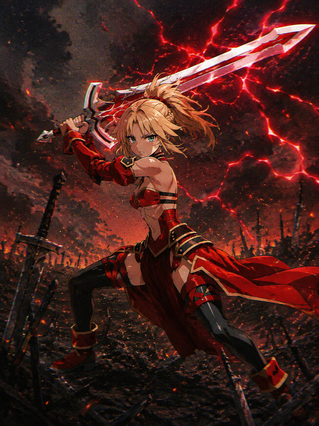 Swinging the sword Clarent with red lightning sparks on a smoldering battlefield littered with broken steel blades (retro 90s anime aesthetic with soft film grain)