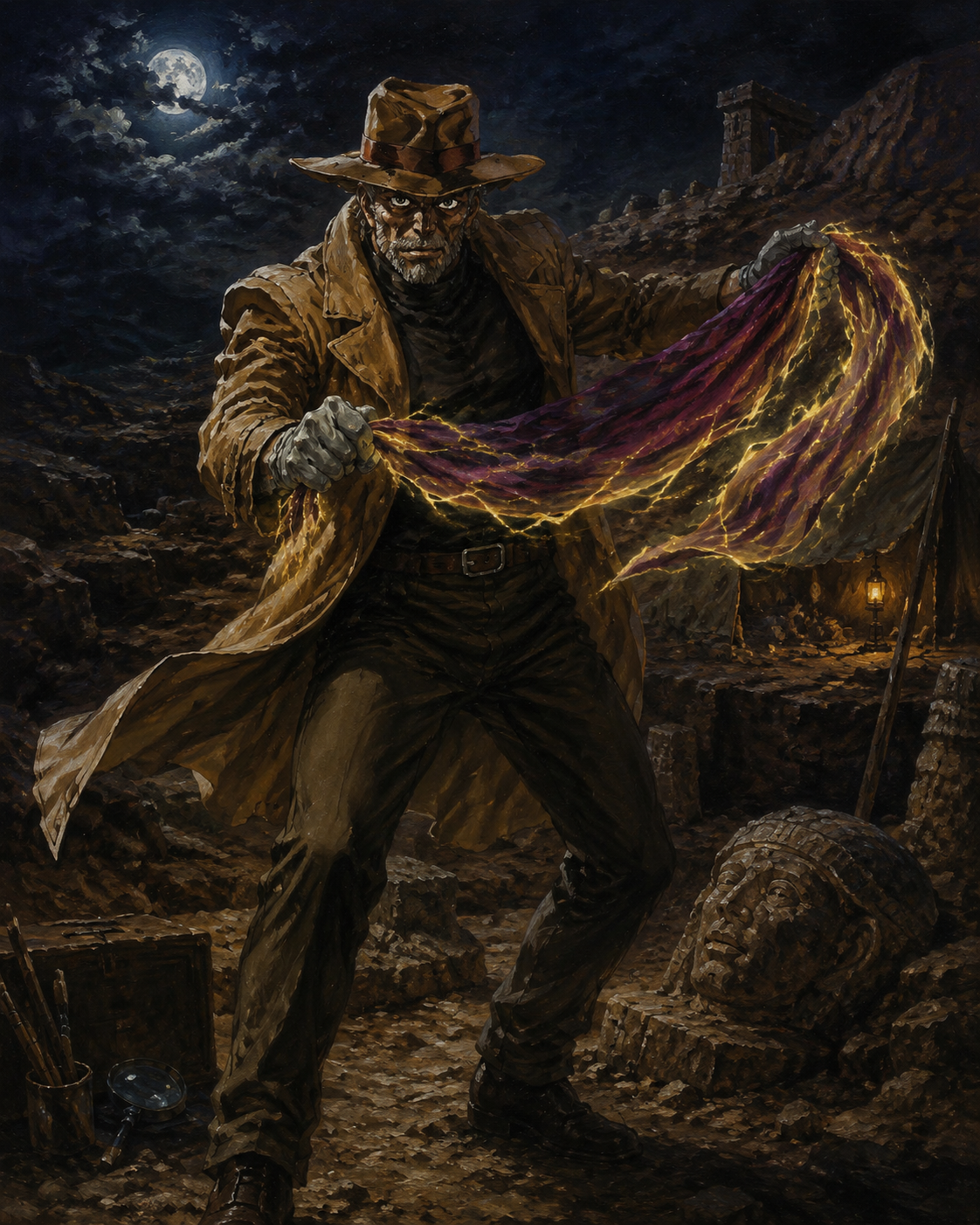 Channeling hamon energy through a silk scarf At a quiet archaeological dig site under moonlight (gritty oil painting, dramatic chiaroscuro lighting)