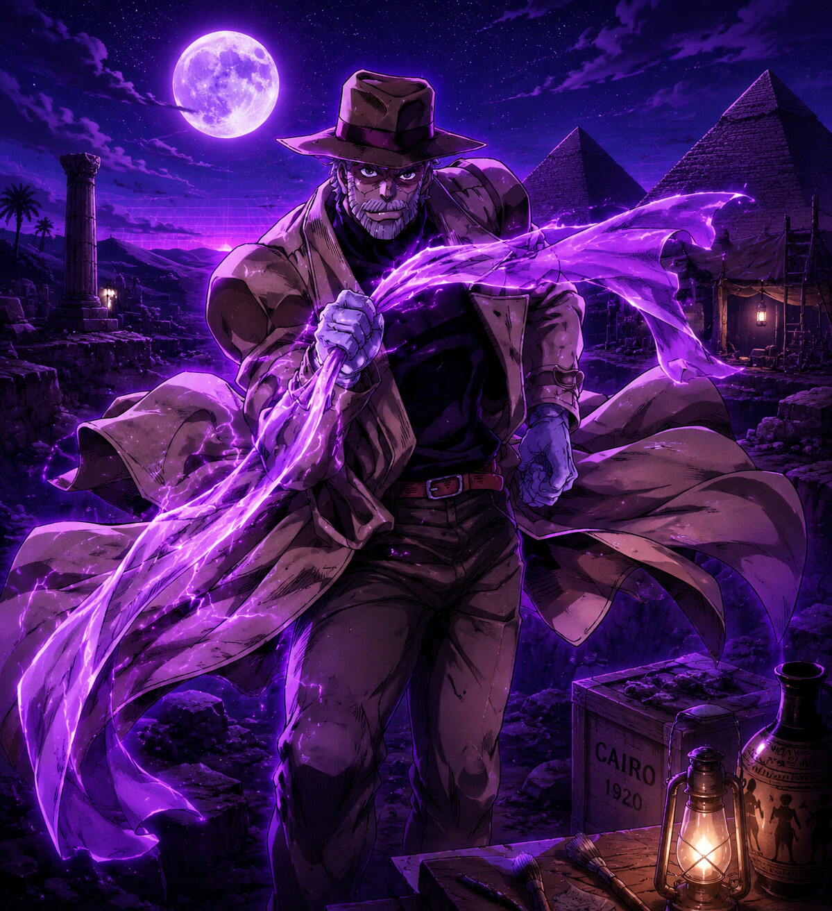 Channeling Hamon energy through a silk scarf at a quiet archaeological dig site under moonlight (retro synthwave aesthetic)