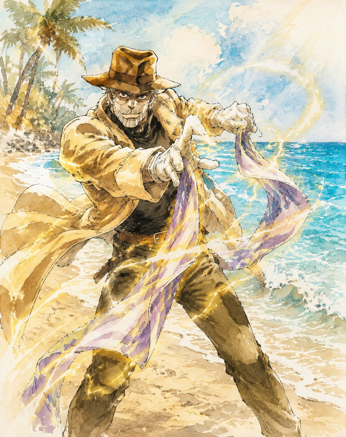 Channeling Hamon energy through a silk scarf on a sun-drenched beach with turquoise waves (delicate watercolor sketch)