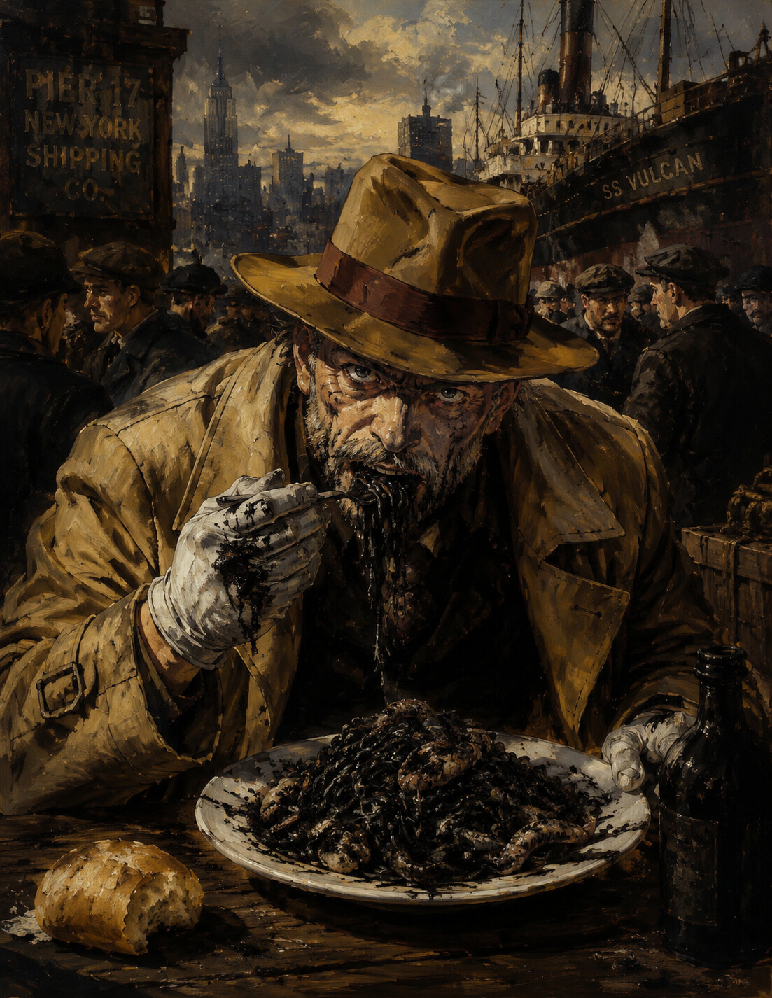 Eating a messy plate of squid ink pasta at a crowded New York City shipping pier (gritty oil painting)