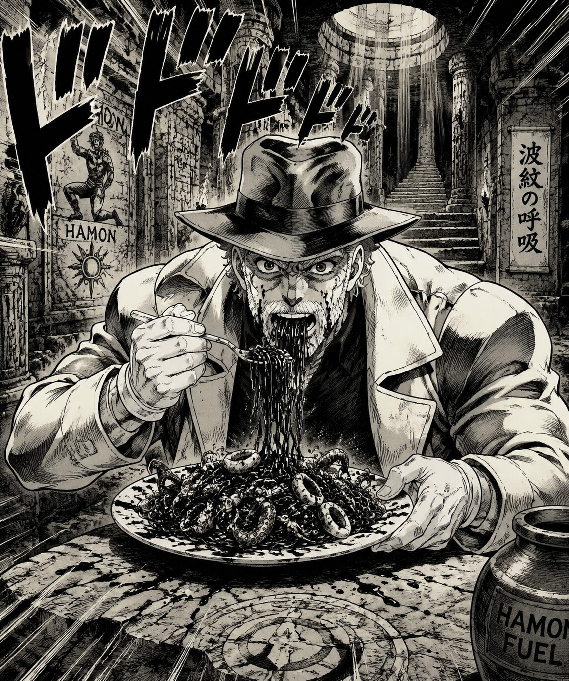 Eating a messy plate of squid ink pasta in a secret underground Hamon training temple (vintage manga ink)