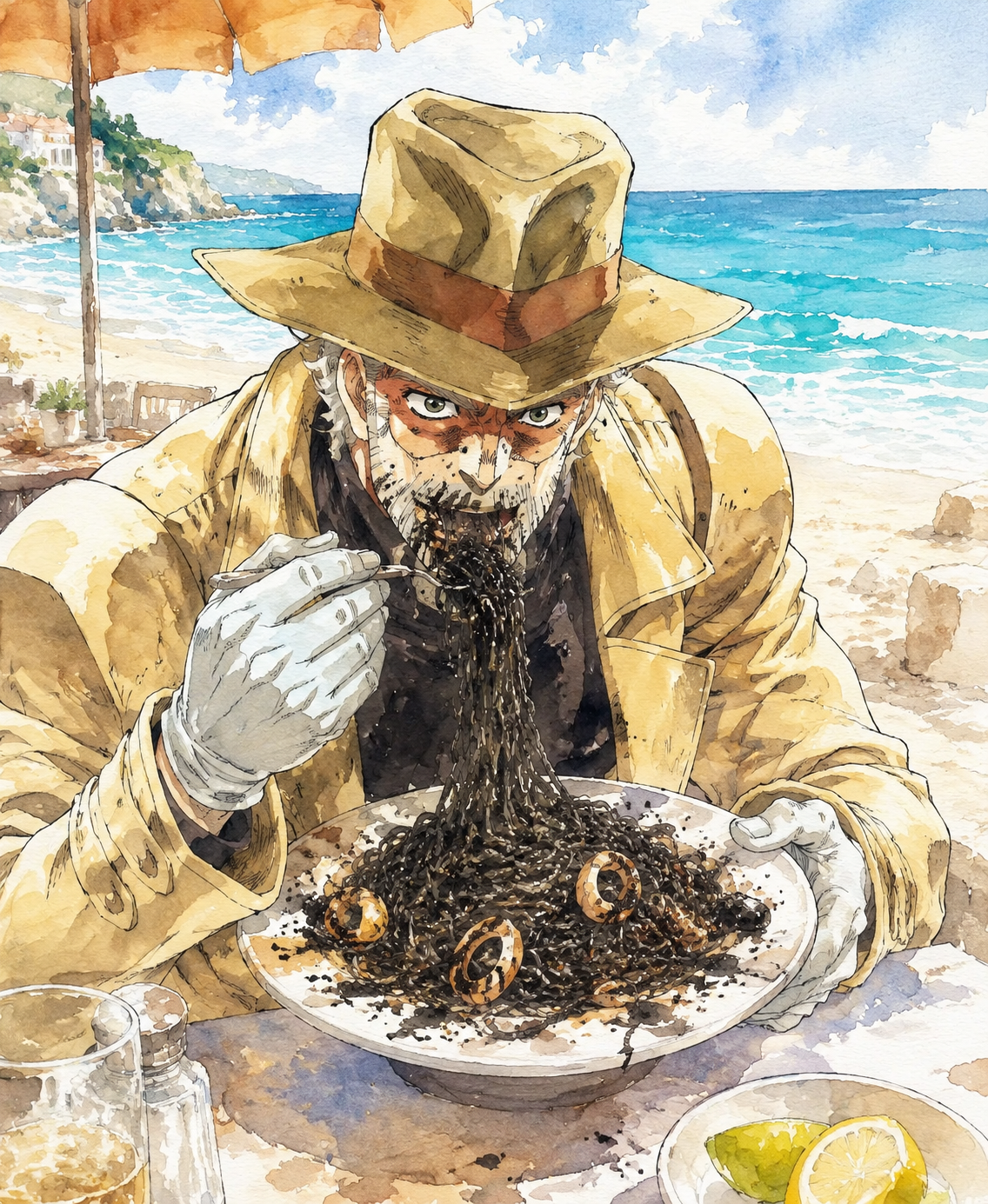 Eating a messy plate of squid ink pasta On a sun-drenched beach with turquoise waves (delicate watercolor sketch, soft natural light)