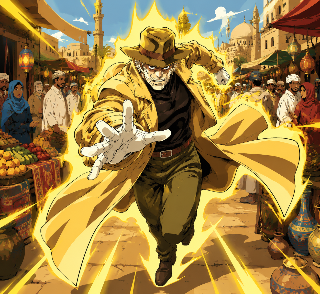 Lunging forward with a sunlight yellow overdrive At a bustling open-air market in Cairo (clean modern vector art, flat saturation)