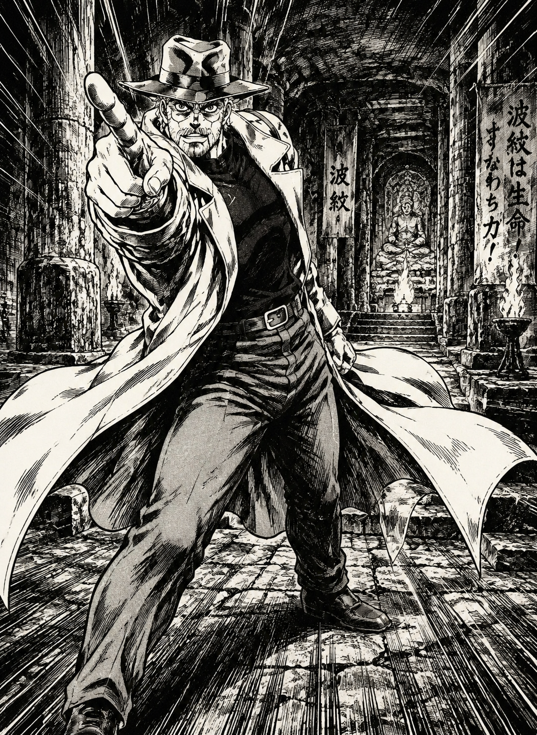 Pointing a finger dramatically at a hidden foe In a secret underground Hamon training temple (vintage manga ink, heavy action lines)