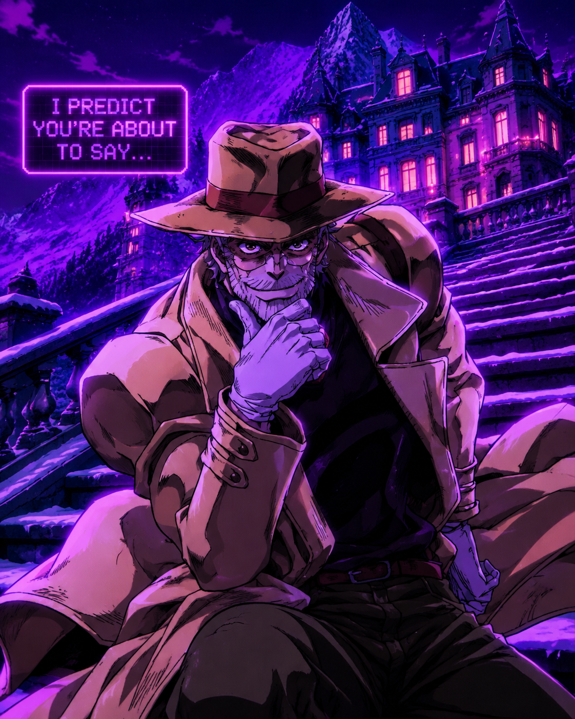 Predicting his opponent's next line with a smirk On the snowy steps of a Swiss chateau (retro synthwave aesthetic, neon purple glow)
