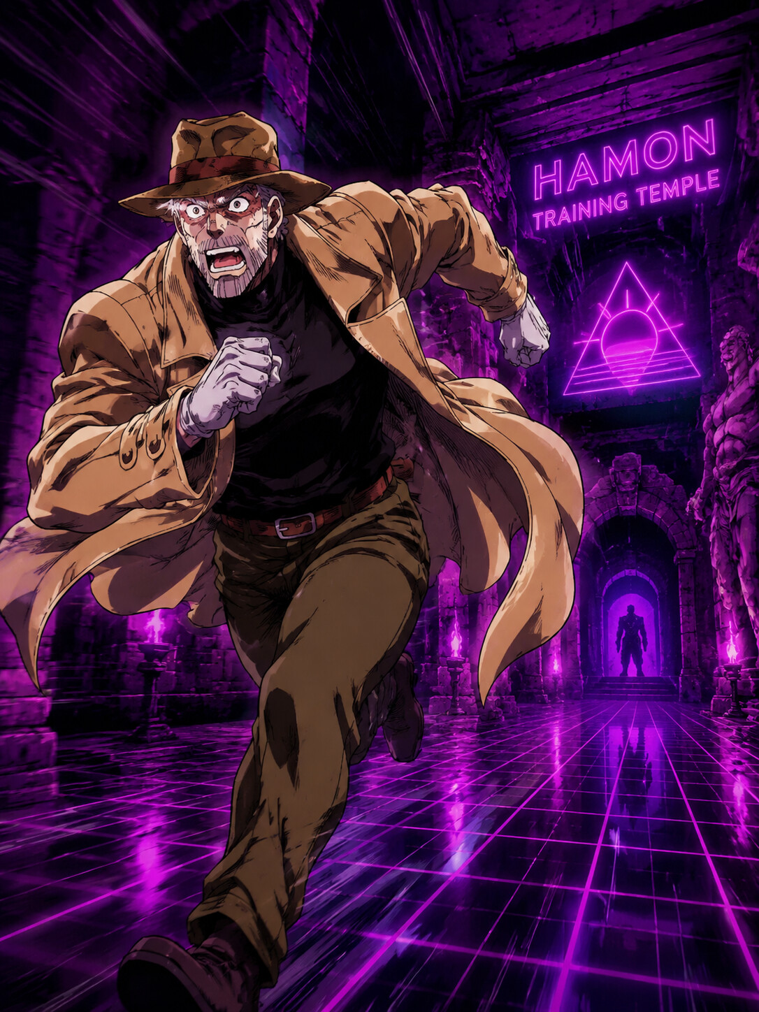 Running away at full speed with wide eyes in a secret underground Hamon training temple (retro synthwave aesthetic)