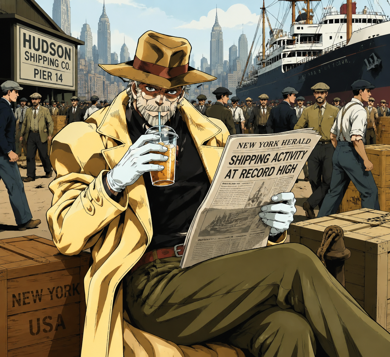 Sipping iced tea while reading a newspaper At a crowded New York City shipping pier (clean modern vector art, flat saturation)