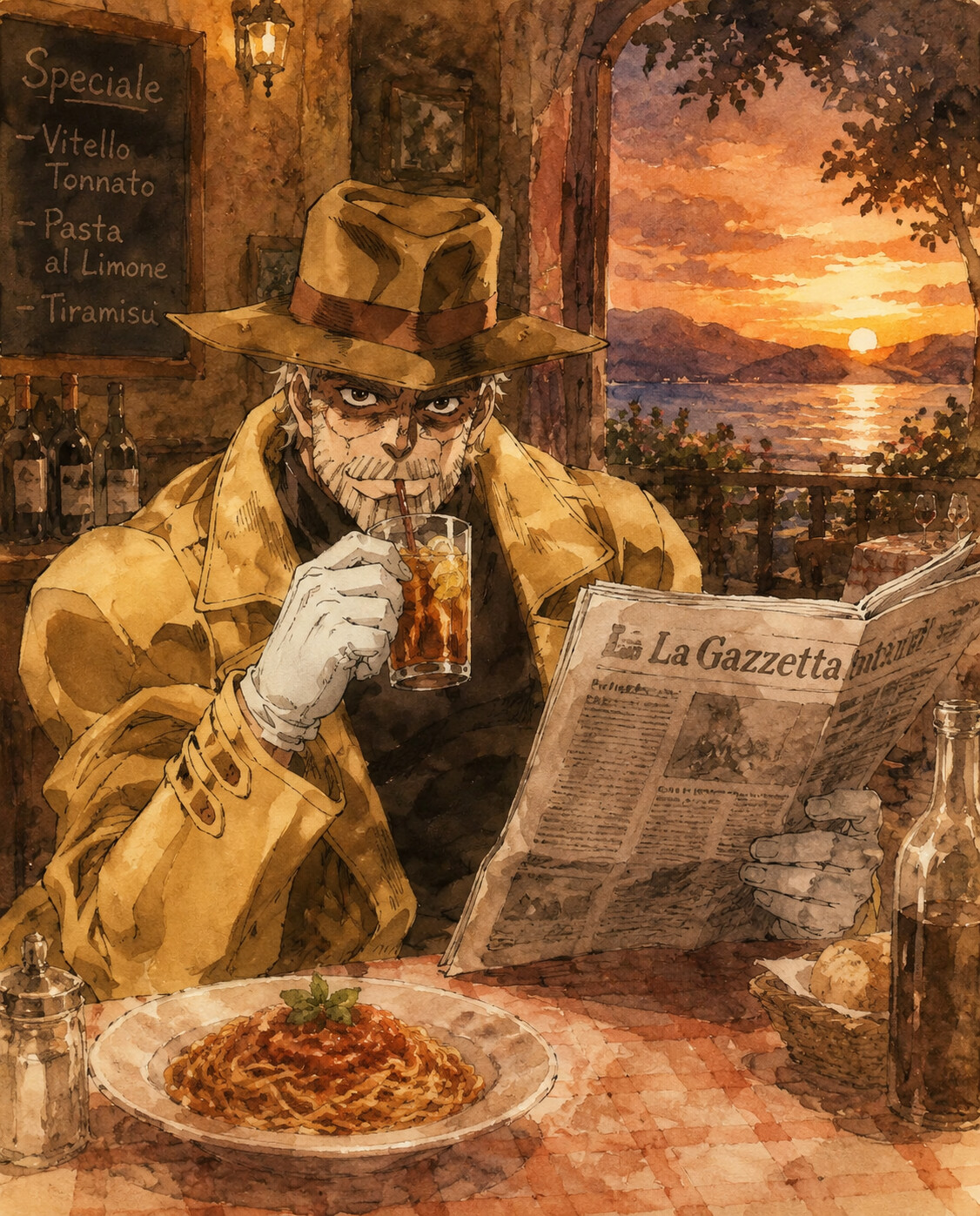 Sipping iced tea while reading a newspaper in a dimly lit Italian restaurant at sunset (delicate watercolor sketch)