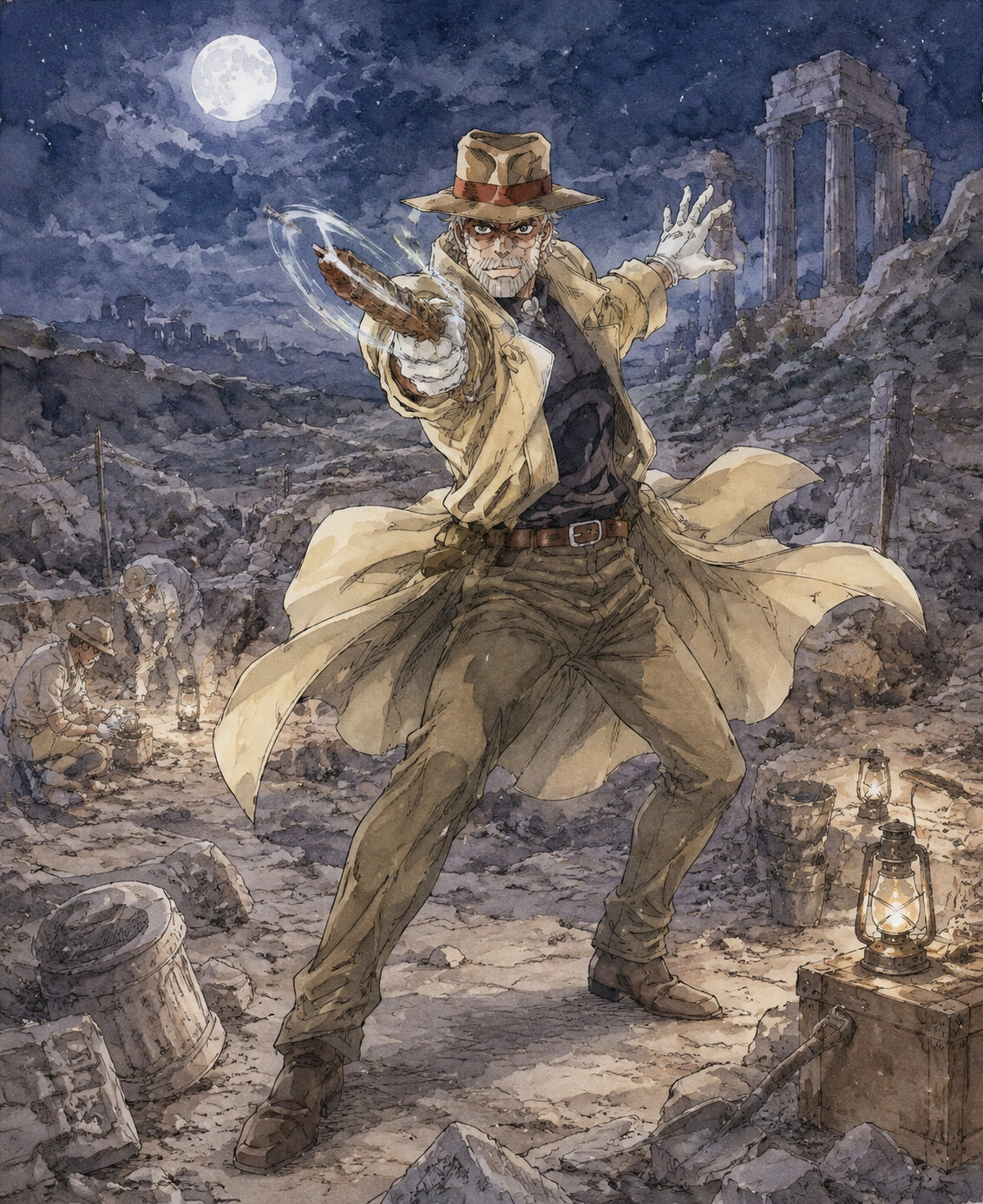 Striking a flamboyant pose with clacker volleys at a quiet archaeological dig site under moonlight (delicate watercolor sketch)