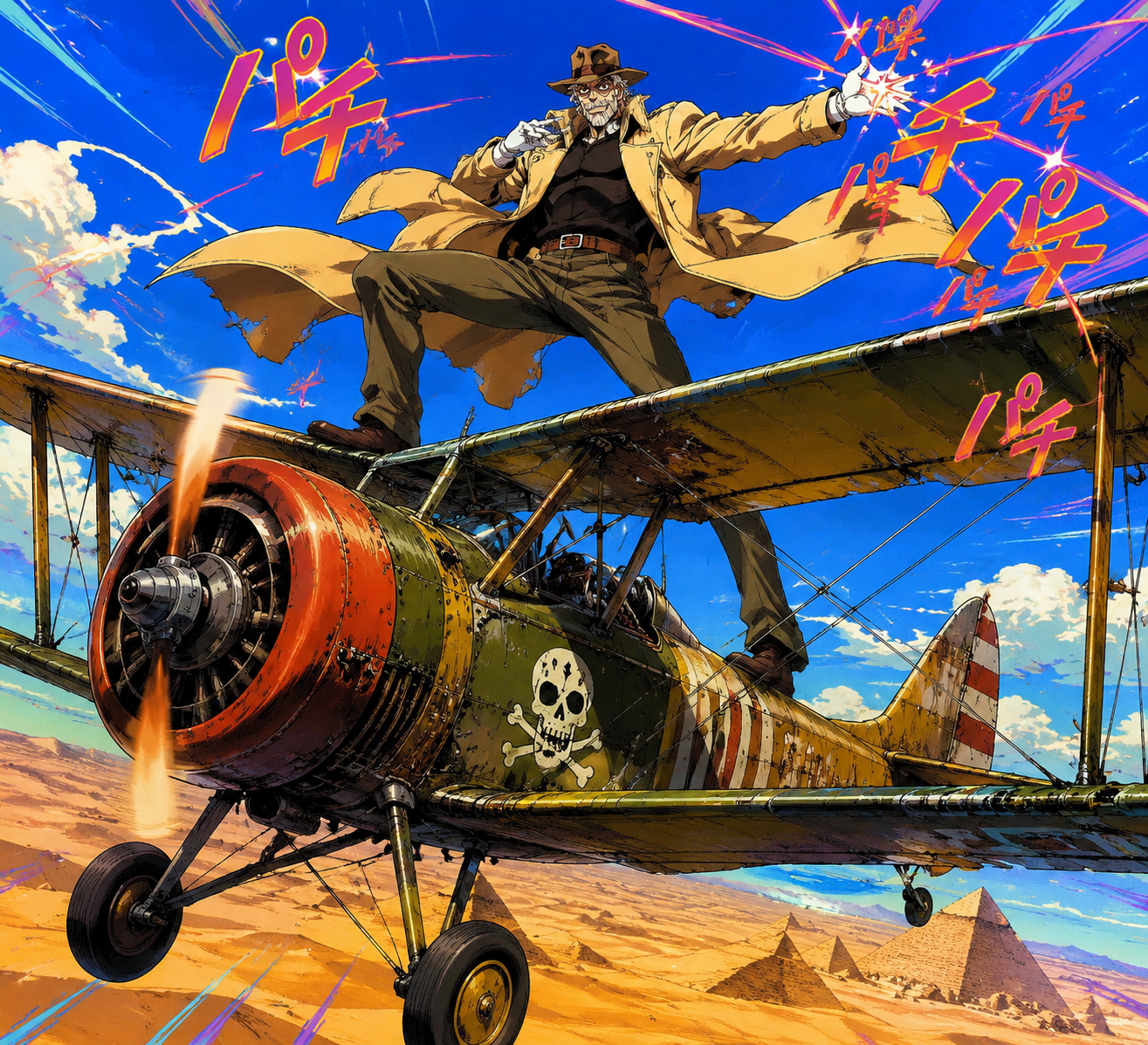 Striking a flamboyant pose with clacker volleys On a rickety biplane flying over the Sahara (vibrant 80s anime style, bold colors)