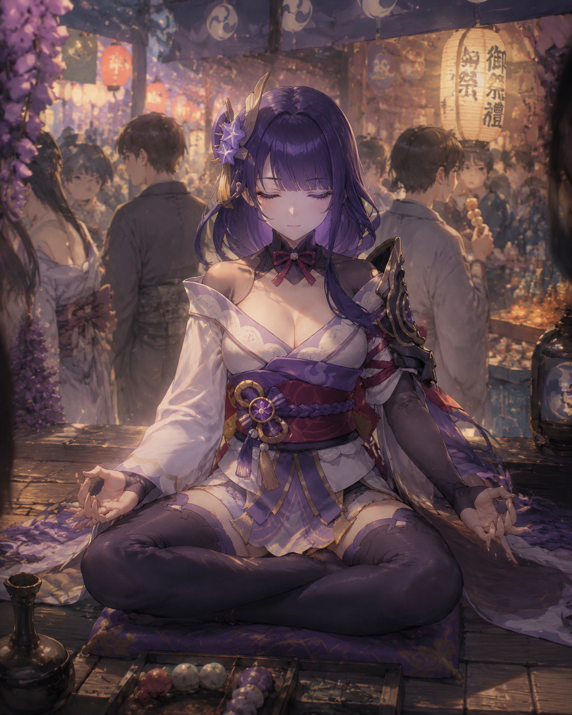Meditating silently in a cross-legged position At a crowded street stall during an Inazuman festival (detailed oil painting, soft volumetric lighting)