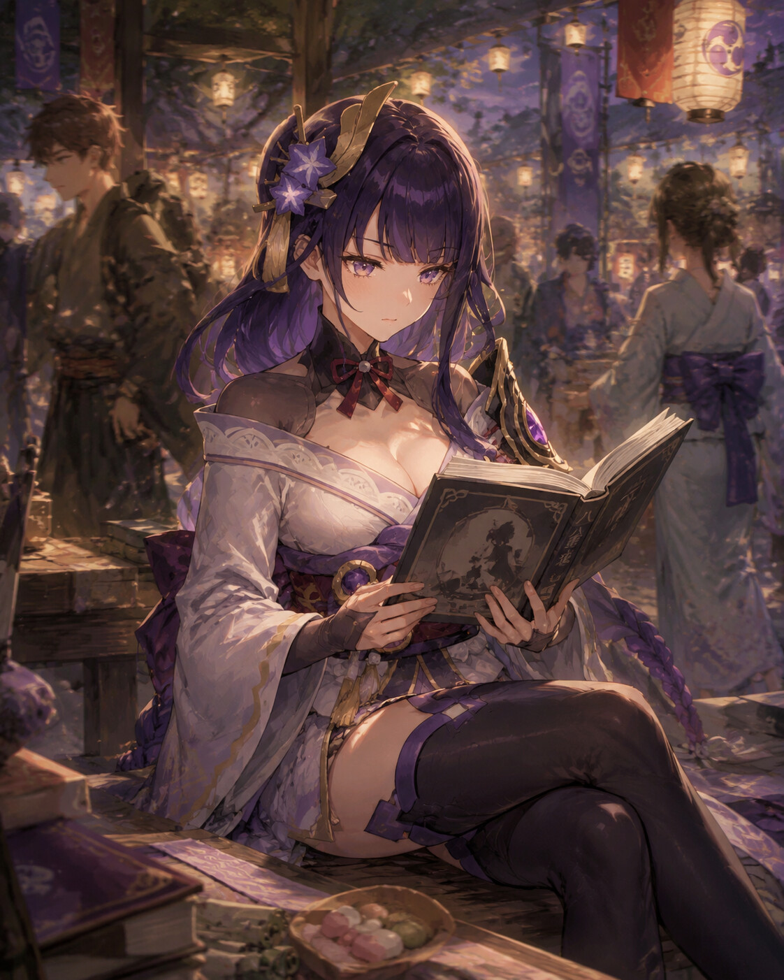 Reading a light novel with intense focus at a crowded street stall during an Inazuman festival (detailed oil painting)