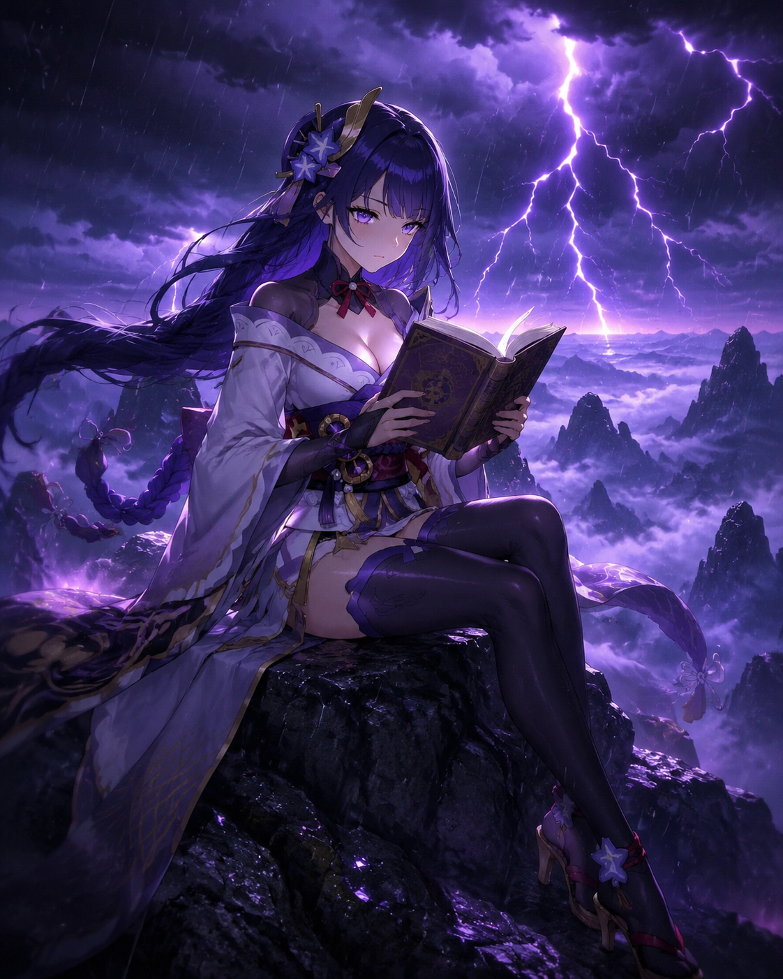 Reading a light novel with intense focus At a misty mountain peak during a heavy thunderstorm (cinematic fantasy, dramatic purple lightning effects)