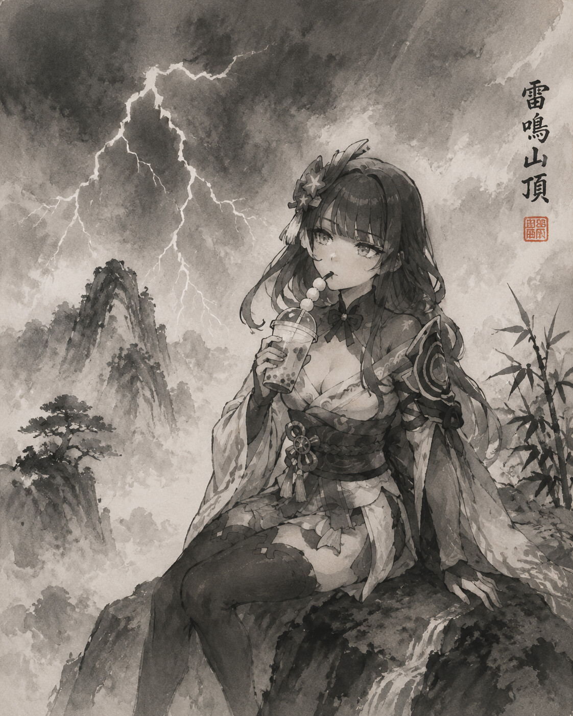 Sipping dango milk with a curious expression at a misty mountain peak during a heavy thunderstorm (minimalist ink wash painting)