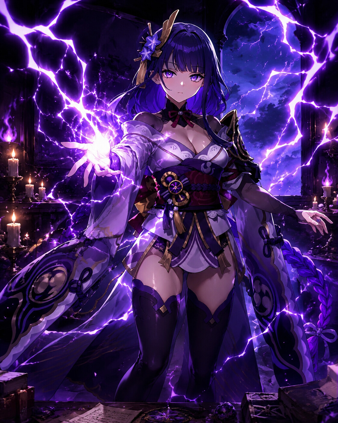 Summoning a violent purple lightning storm in a dimly lit room lit by flickering candles (vibrant anime art)