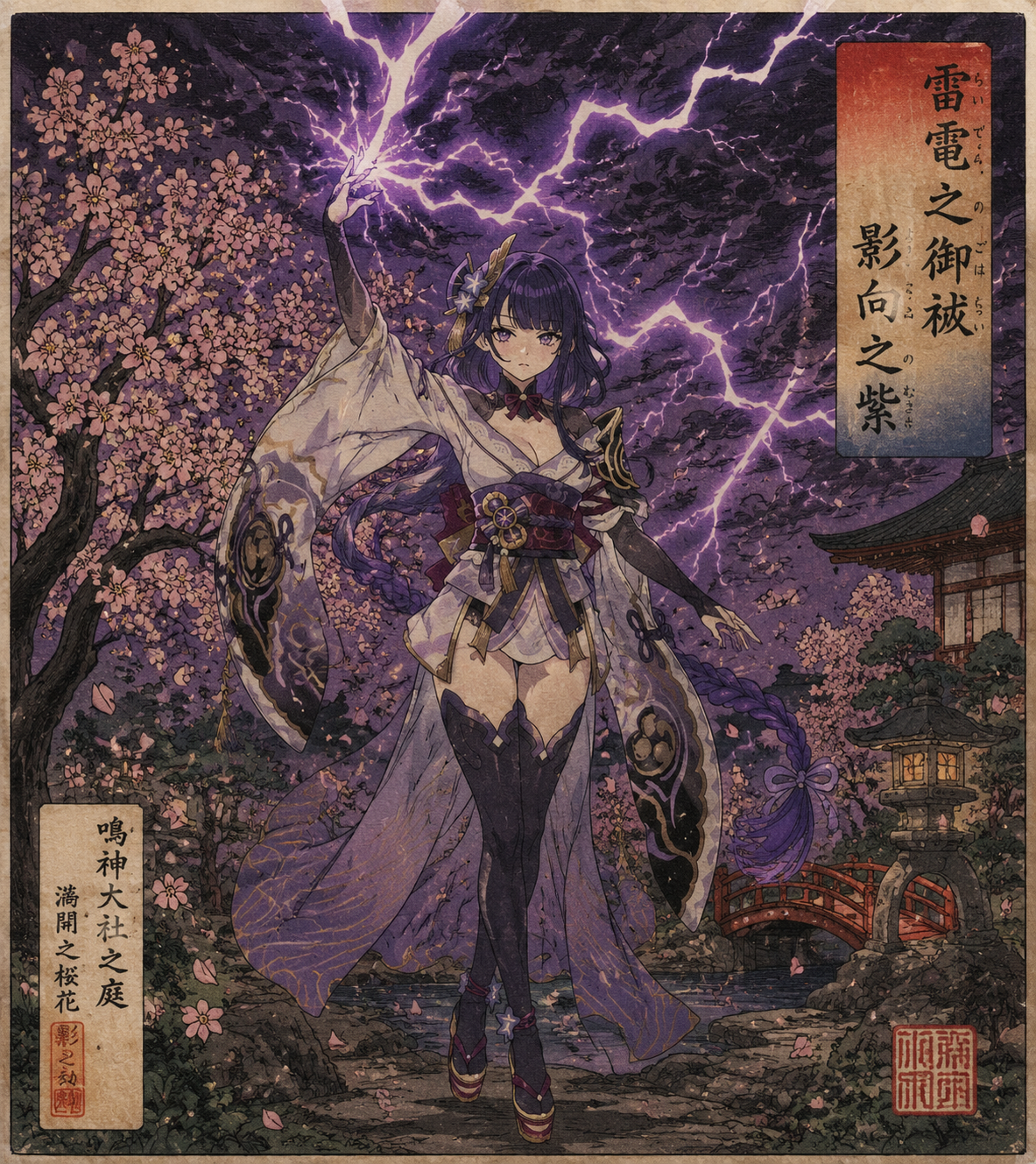 Summoning a violent purple lightning storm In a quiet garden filled with blooming cherry blossoms (traditional ukiyo-e woodblock print style)