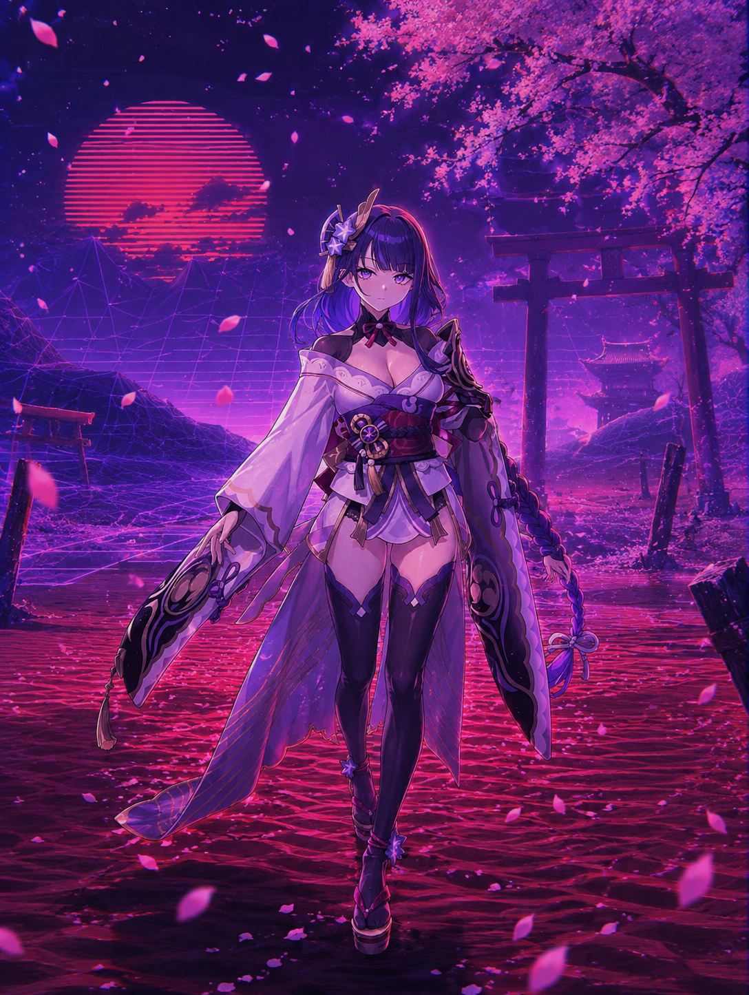 Walking slowly through a falling cherry blossom breeze In the desolate scarlet sands of the Plane of Euthymia (retro vaporwave aesthetic, neon violet hues)