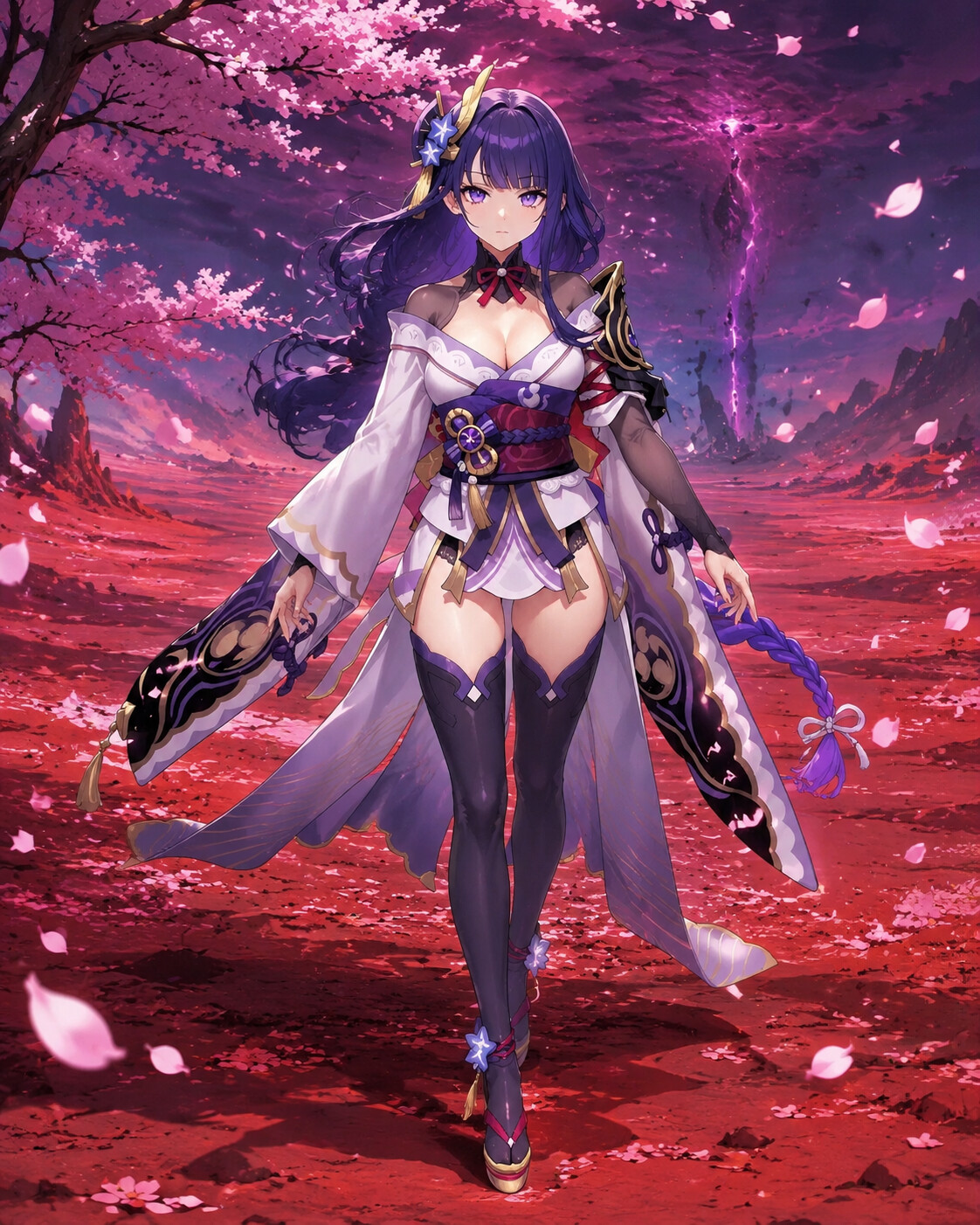 Walking slowly through a falling cherry blossom breeze in the desolate scarlet sands of the Plane of Euthymia (vibrant anime art)