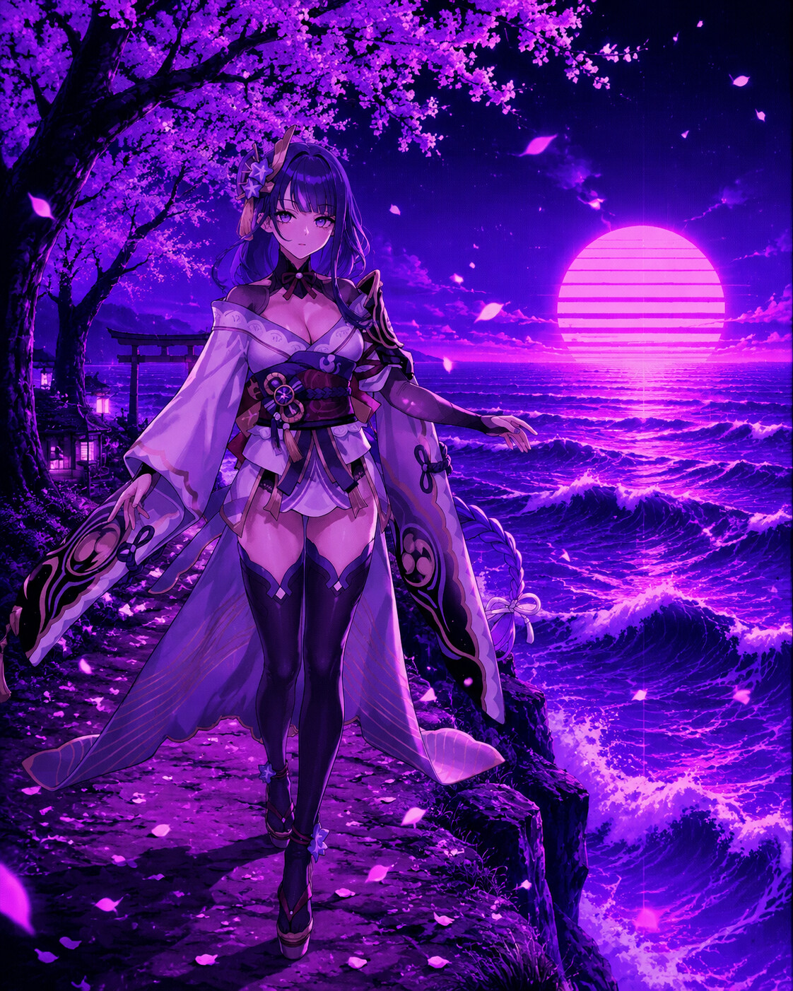 Walking slowly through a falling cherry blossom breeze on a cliffside overlooking a turbulent purple ocean (retro vaporwave aesthetic)