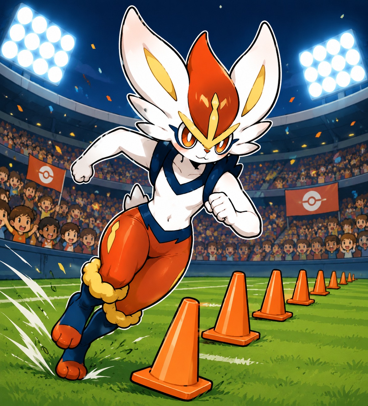 Dashing through a line of orange practice cones In a packed stadium under bright floodlights (children's storybook illustration, thick outlines)