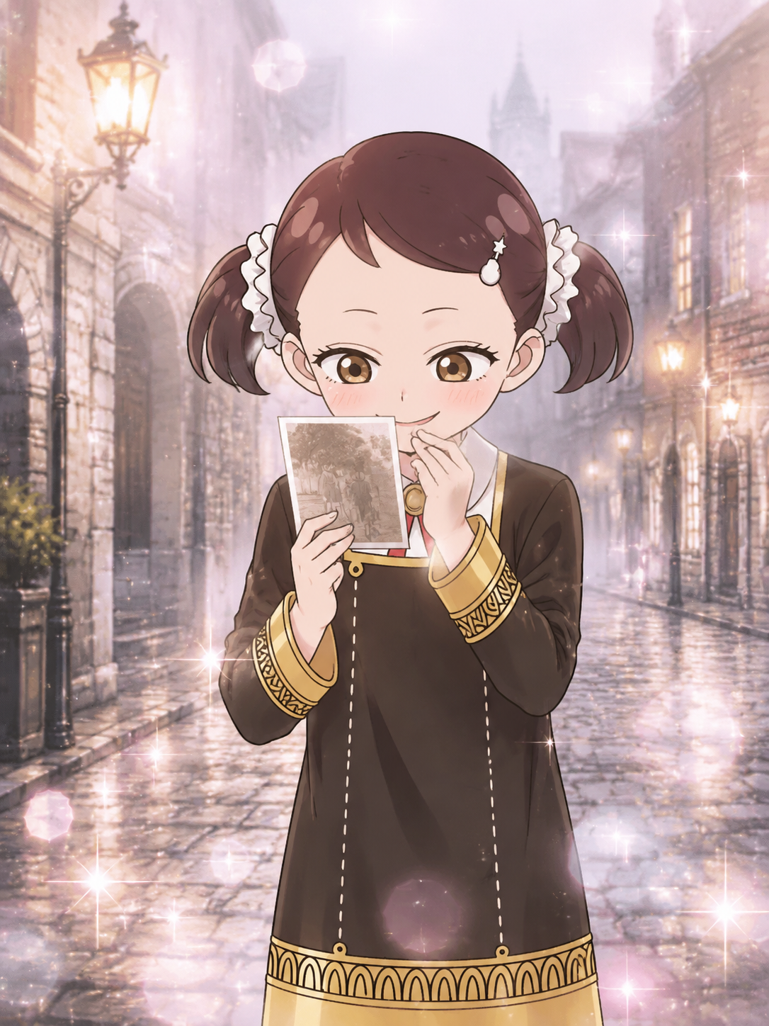 Giggling at a handheld photo On a foggy cobblestone street (sparkling shoujo manga style)