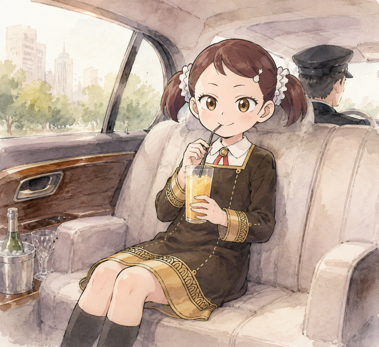 Sipping chilled juice through a straw In a chauffeured luxury limousine (soft pastel watercolor wash)