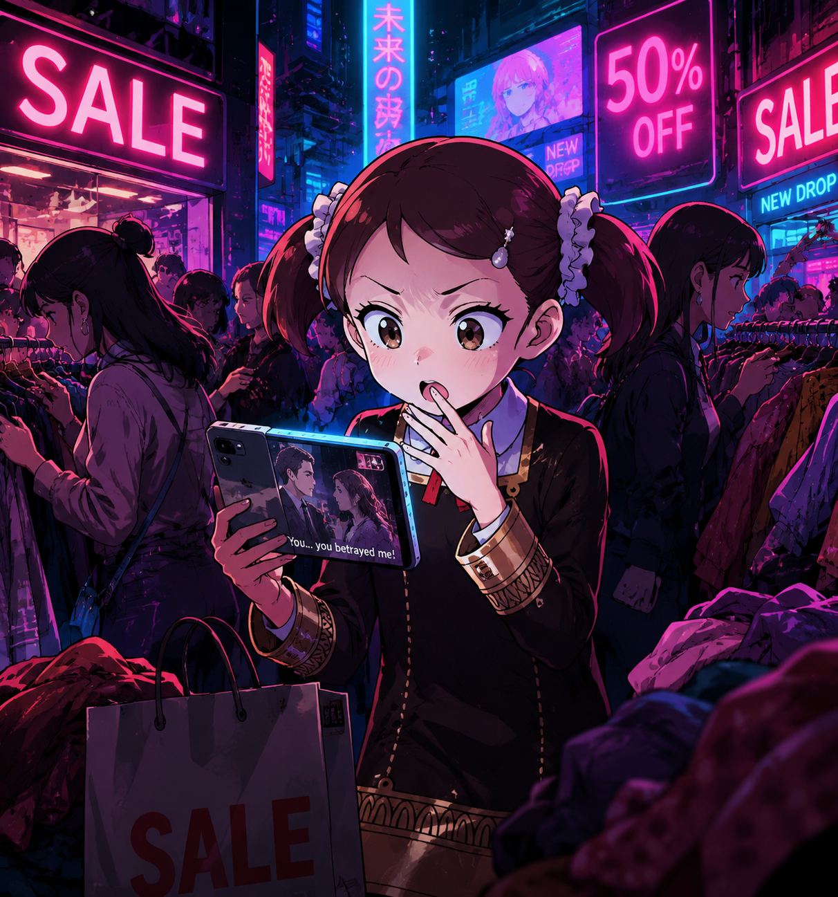 Watching a dramatic soap opera In a crowded boutique during a sale (neon cyberpunk, high contrast lighting)