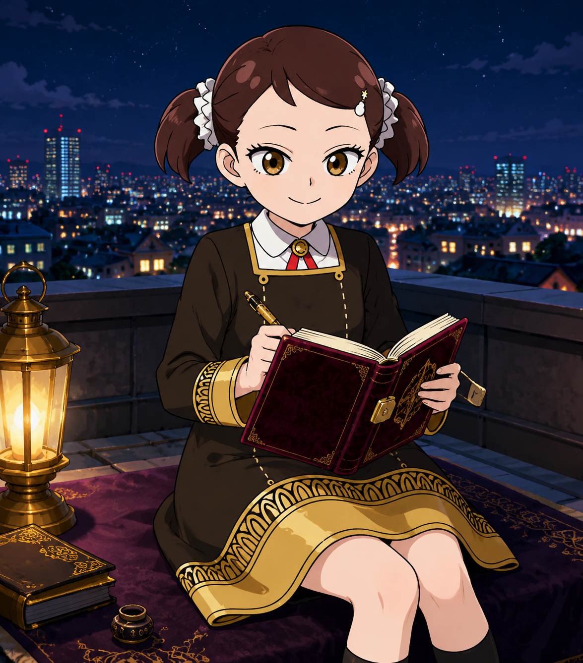Writing in a velvet-covered diary On a rooftop overlooking the city lights (vivid cel-shaded digital illustration)